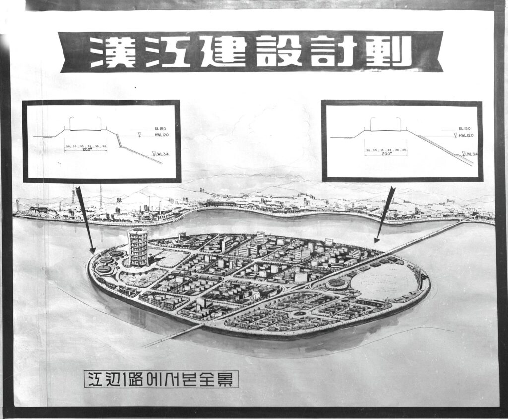 1967년 완공된 ‘강변1로(노들로)’에서 바라본 여의도 개발 조감도. 당시 계획이 지금과는 사뭇 다르다. ⓒ서울역사박물관