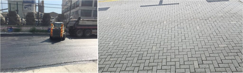 아스팔트 포장(왼쪽)과 블록 포장(오른쪽)